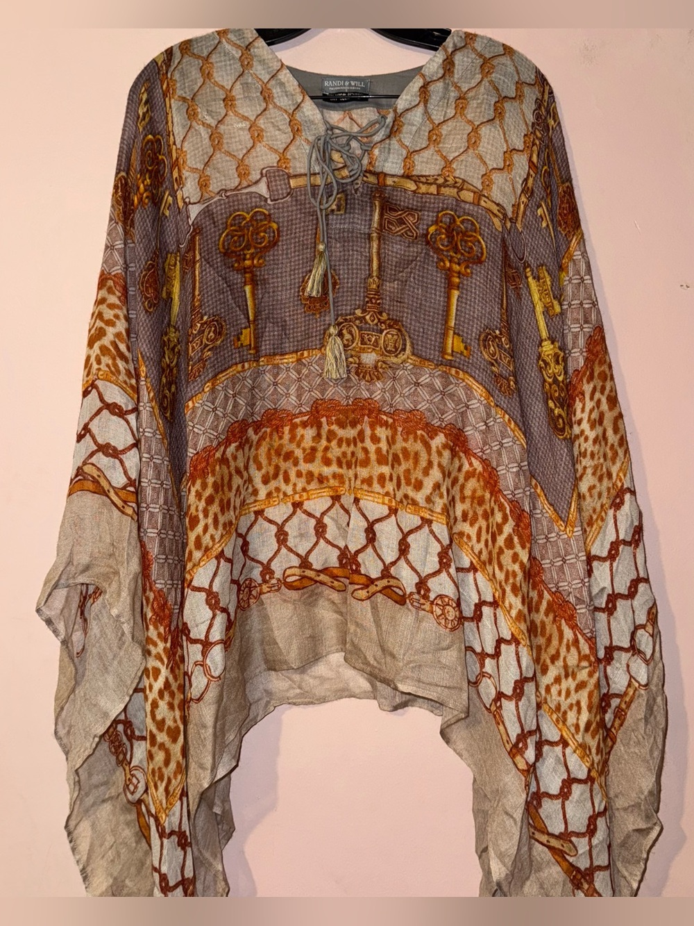 Randi & Will Wool Blend Poncho Baroque Scarf Top Skeleton Keys Chain Animal O/S